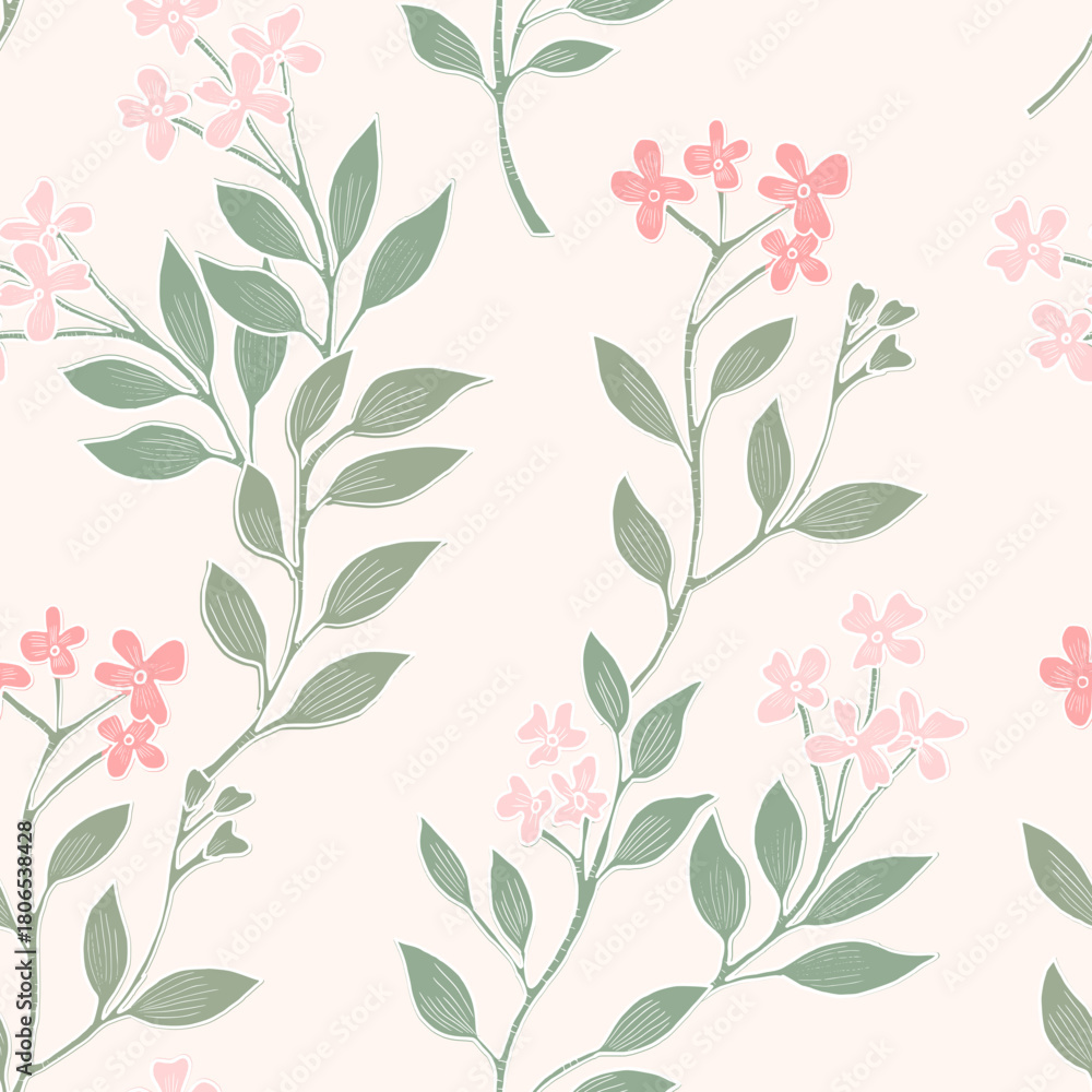 Fototapeta premium Delicate Pink Floral Branches Seamless Pattern