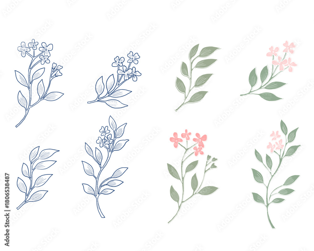 Obraz premium Delicate Hand Drawn Floral Branches with Pink Blossoms