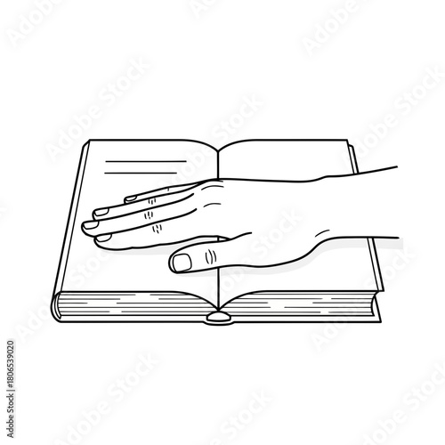 Hand on book isolated on a hand rests on an open book, symbolizing knowledge, oath, or commitment