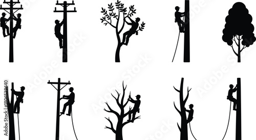 Silhouette set of arborists and linemen climbing trees and power poles using safety ropes and gear