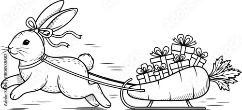 Bunny Pulling Carrot Sleigh with Christmas Gifts Vector
