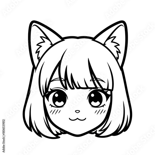 Cute anime style cat girl with big eyes and bob haircut isolated on