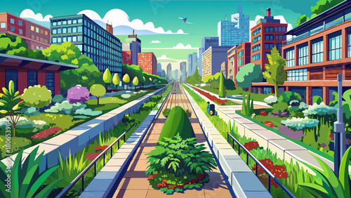 Very beautiful summer view of the High Line Park promenade, showcasing lush greenery, modern landscaping, and elevated walkways above the Chelsea streets in the heart of Manhattan’s vibrant urban sett