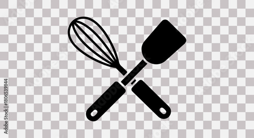 Black silhouette of a whisk and spatula crossed on a transparent background