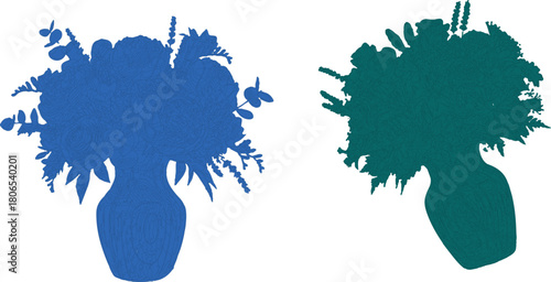 described is a striking and stylized depiction of two floral arrangements, presented with a vector- aesthetic.
