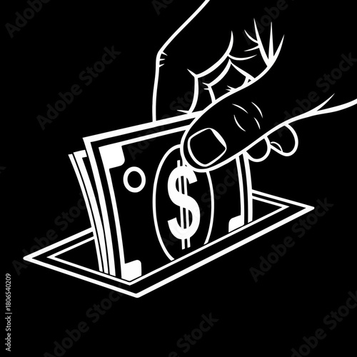 Hand inserting money into a slot in black and white concept of investment, savings, deposit, or financial transaction