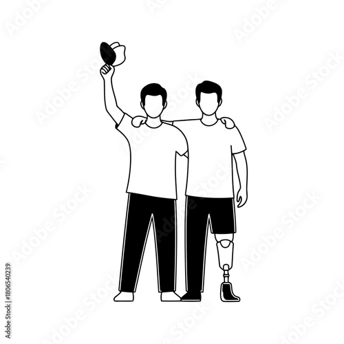 Two friends, one with a prosthetic leg, celebrating a victory isolated on