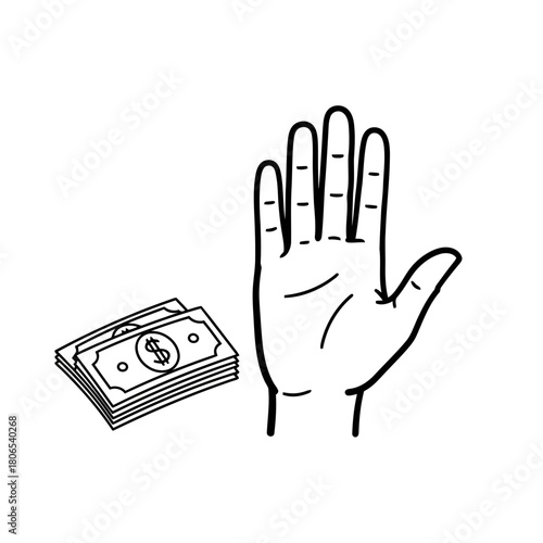 Hand gesture stop with money in black and white isolated on concept of refusing bribe or corruption