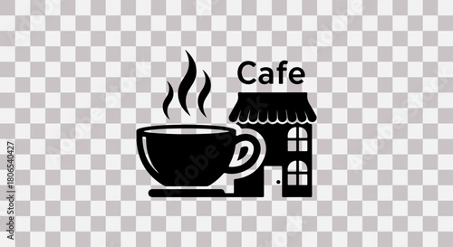 Simple black silhouette of a steaming coffee cup and cafe building