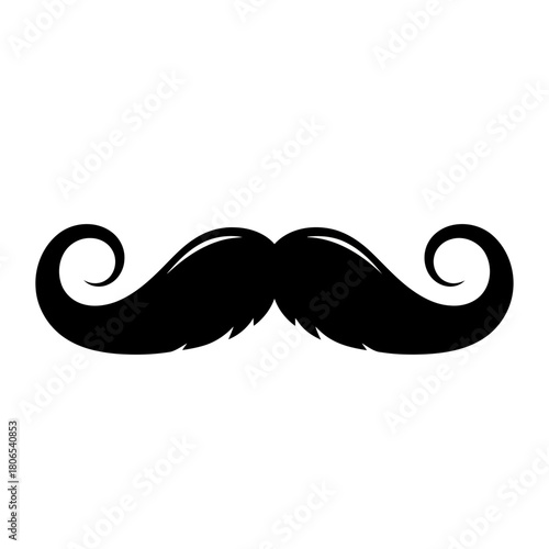 A black mustache with curled ends isolated on, a classic symbol of masculinity and vintage style, simple and elegant