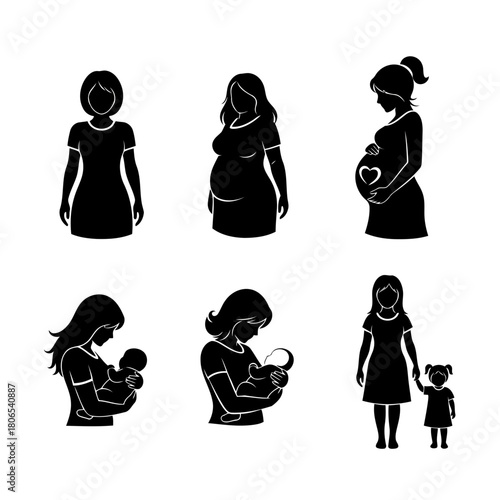 Set of black silhouette icons depicting stages of motherhood isolated on, pregnancy, birth, and raising a child