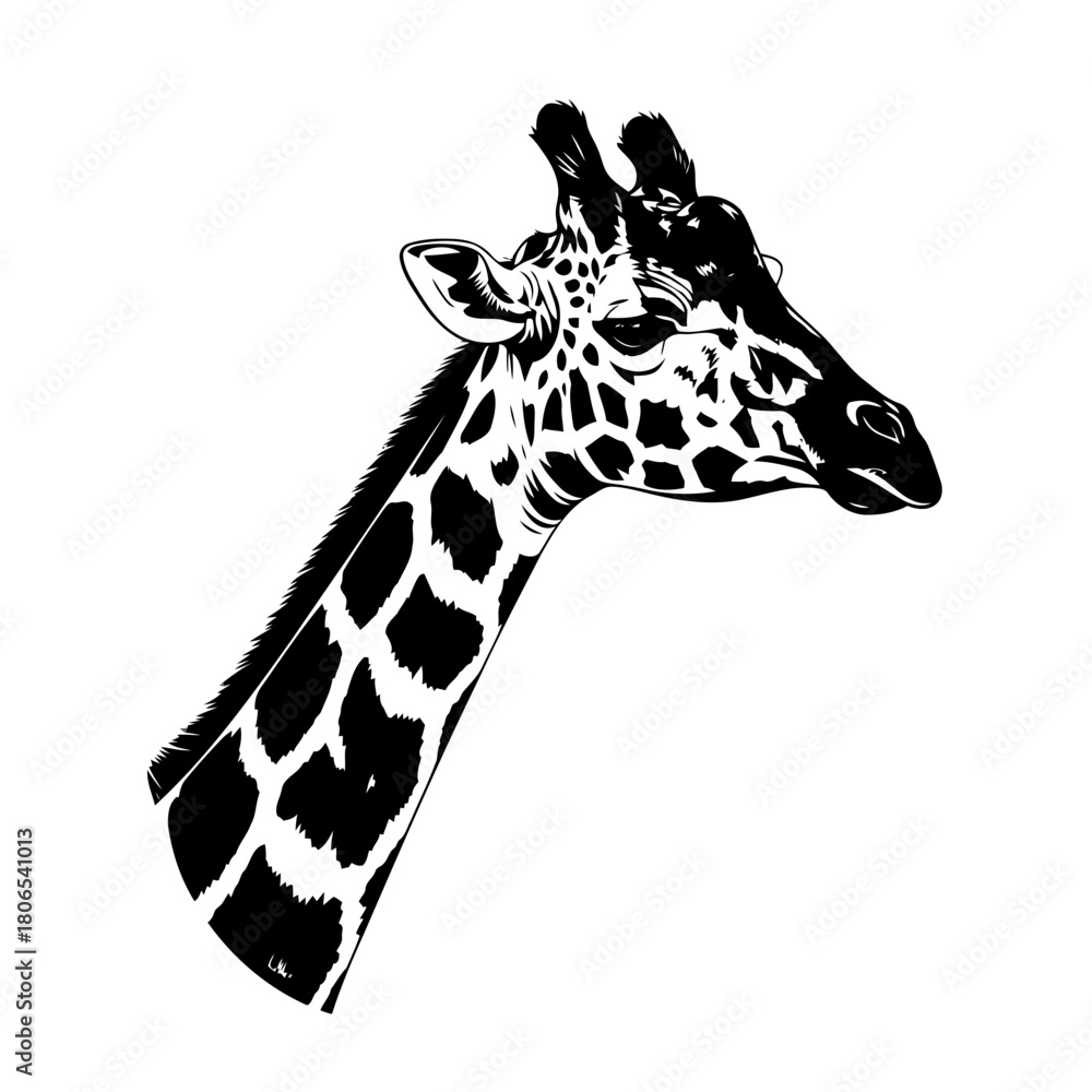 Naklejka premium Portrait of a giraffe head isolated on, showcasing its unique pattern and graceful features in a striking composition