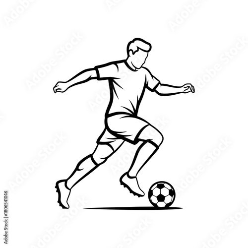 Soccer player dribbling the ball isolated on silhouette of an athlete playing soccer in a sports competition