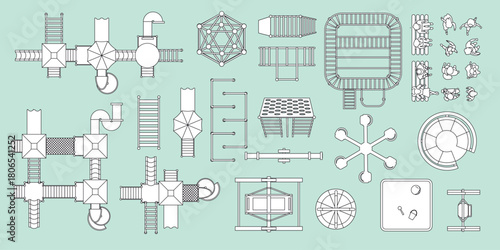 Top view. A set of elements for a children's outdoor playground, slides, stairs, houses, swings, sandboxes, mazes, children, parents sitting on a bench. Vector illustration. View from above. Liner.