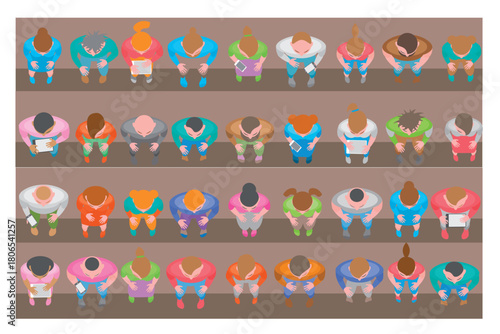 Top view of spectators sitting on benches and watching some game or match. Different genders, haircuts, clothes. View from above. Aerial. Vector illustration.