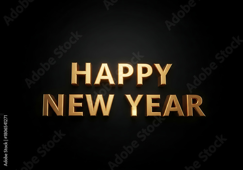 Golden 3D Happy New Year lettering glowing on a black luxury backdrop with refined metallic highlights