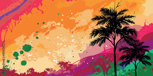 Vibrant abstract watercolor splash background with silhouetted palm trees at sunset