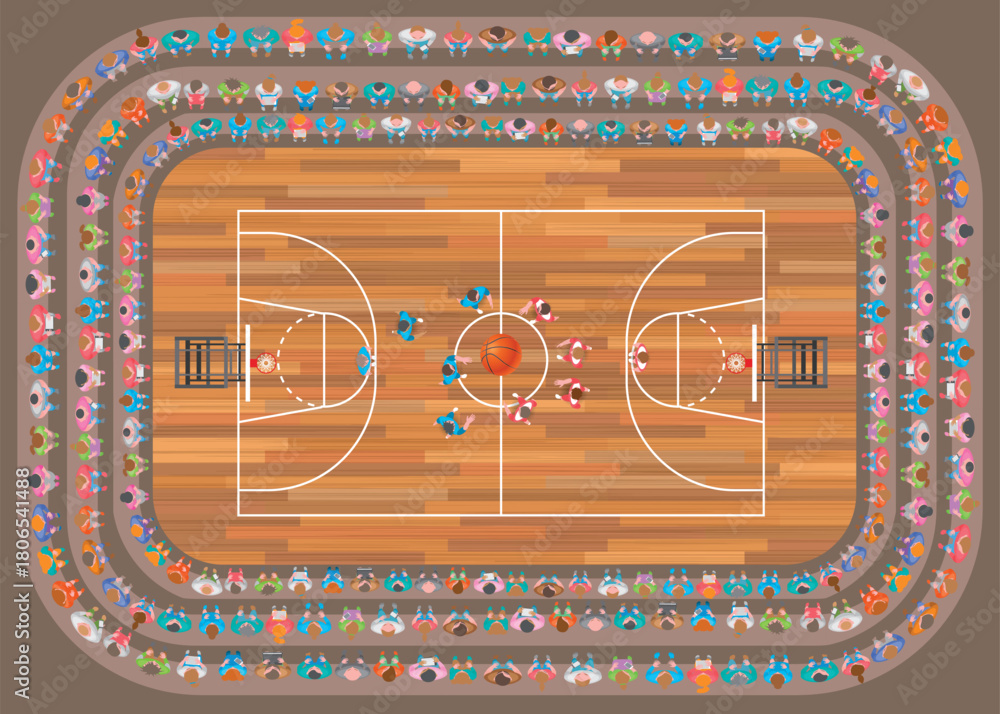 Naklejka premium Top view of basketball play, match. Basketball court, playground. Spectators in the stands are watching a match. View from above. Vector illustration. Aerial.