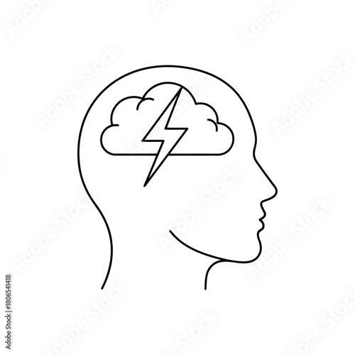 Head with cloud and lightning bolt isolated on representing a brainstorm or mental health issue