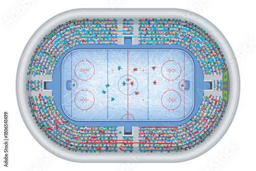 Top view of the hockey stadium. Hockey players on the ice are playing, fans in the stands are watching the match. View from above. Ice hockey arena. Hockey rink. Details. Colourful. Aerial.