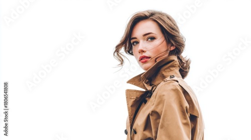 Stylish Woman Wearing Brown Trench Coat on White Background