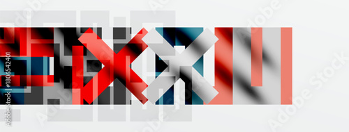 Abstract geometric composition. Red, black, white, gray blocks intersect creating dynamic visual effect. Minimalist design.