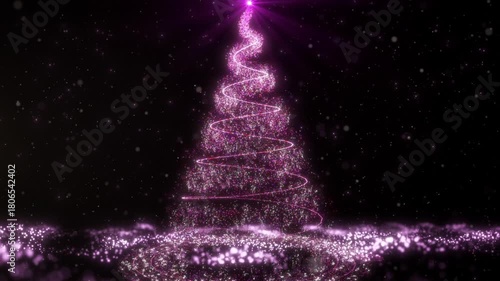 This is a motion stock graphic that shows a pink Christmas tree being formed from small sparkling particles surrounded by snowflakes.