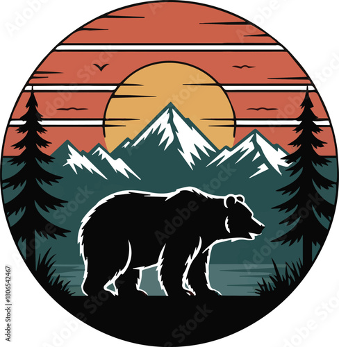 Black bear walking by lake with mountains and sunset in circular graphic grizzly bear wildlife