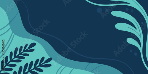 Abstract organic shapes and botanical elements in shades of deep blue and teal