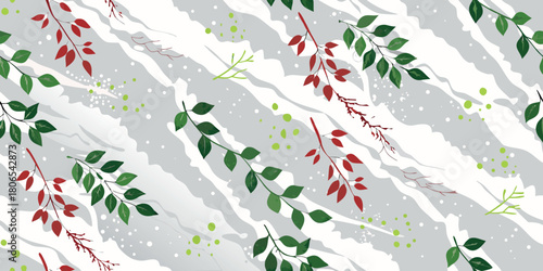 Delicate floral pattern with cascading green and red leaves on a soft grey background