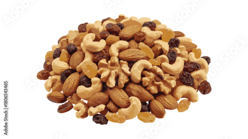 Pile of Mixed Nuts and Raisins on White Background almonds cashews