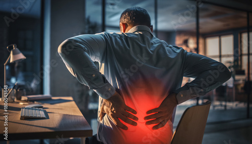 A man working in office, suffering from lower back pain, hands on muscle inflammation as he gets up from his desk, lumbar red warning highlight