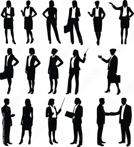 Silhouettes of business people in professional poses, black vector illustration of office workers communicating, presenting, and shaking hands