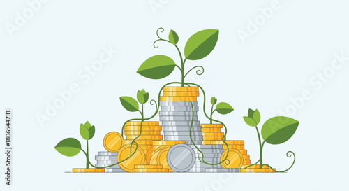 Illustration of stacks of gold coins with young green plants growing from them, symbolizing financial growth and investment