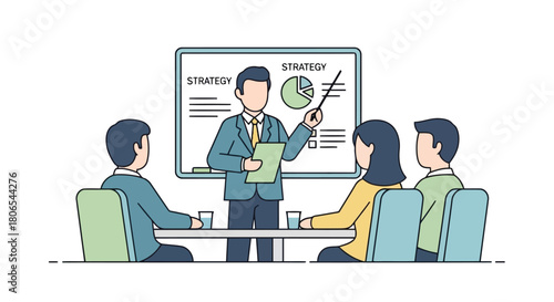 Illustration of business meeting with a presenter explaining strategy on a whiteboard to colleagues