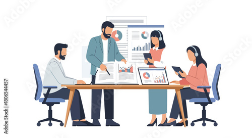 Illustration of business meeting with team analyzing financial reports and charts on a table with laptops and documents