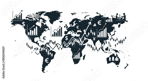 Illustration of global financial market growth and economic trends illustrated on a world map with stock charts and currency symbols