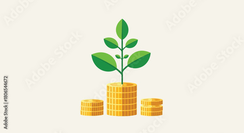 Illustration of money tree growing from a stack of gold coins, symbolizing financial growth, investment, and wealth accumulation