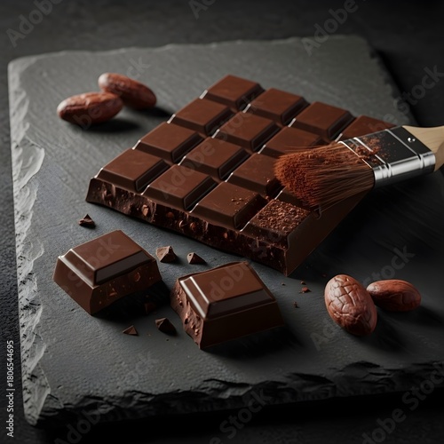 Dark Chocolate Bar with Cocoa Powder and Beans on Slate Board – Gourmet Confectionery Dessert