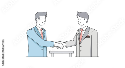 Illustration of two businessmen shaking hands over a table, symbolizing agreement and partnership