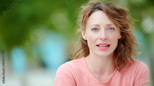 Wallpaper Mural Video of a middle-aged woman in a pink shirt talking on nature background Torontodigital.ca