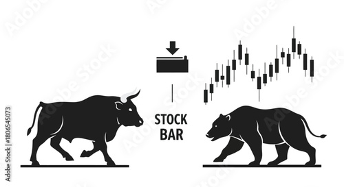 Illustration of bull and bear market symbols with stock bar chart