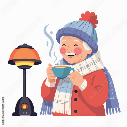 an elderly person enjoying a warm cup of tea, wrapped in a winter shawl.