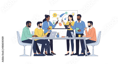 Illustration of diverse team of people collaborating around a table, discussing ideas and strategy with a whiteboard