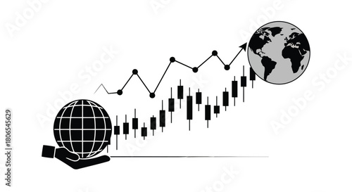 Illustration of global financial growth chart with candlestick and line graph showing upward trend