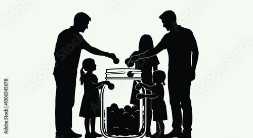 Illustration of family saving money in a jar, parents and children contributing coins