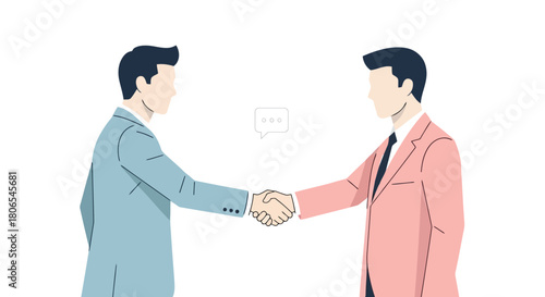 Illustration of two businessmen in suits shaking hands, symbolizing agreement, partnership, and successful deal completion with a speech bubble icon