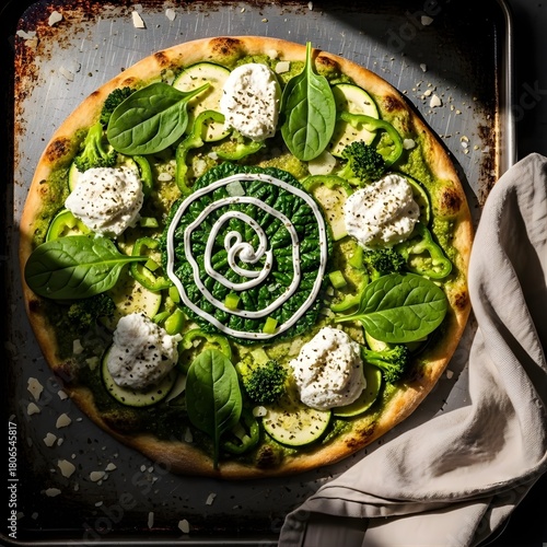Green Vegetarian Pizza with Spinach and Ricotta on Rustic Tray – Healthy Gourmet Food Concept