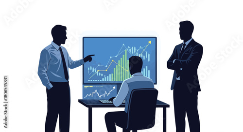Illustration of silhouettes of businessmen analyzing financial data on a computer screen in a modern office setting
