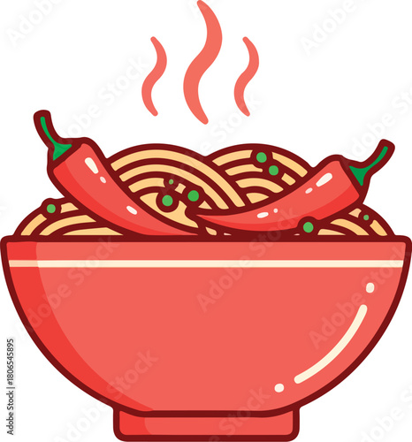 Delicious spicy noodle bowl with red chili peppers steaming hot, perfect for food blogs or restaurant menus, a vibrant culinary illustration